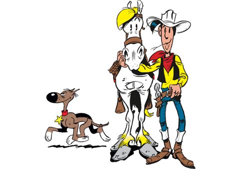 Schéma des personnages principaux de la série Lucky Luke : Lucky Luke, Jolly Jumper, Rantanplan, les Dalton