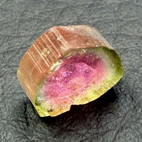 Gros plan sur une tourmaline melon d'eau, montrant les zones concentriques de couleurs rose et verte.