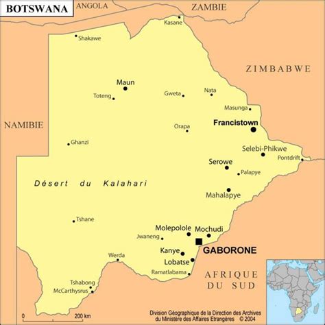 Carte du Botswana avec indication des zones minières et des villes principales.