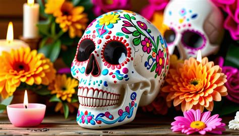 Représentation d'une tête de mort colorée et festive, typique du Día de Muertos mexicain
