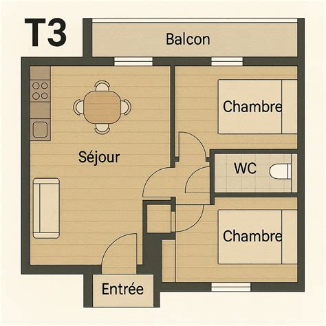 Plan type d'un appartement T3 dans la résidence, montrant la disposition des pièces, la terrasse et les finitions