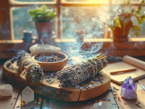 Visuel montrant différentes méthodes de purification énergétique (fumée de sauge, eau, terre)