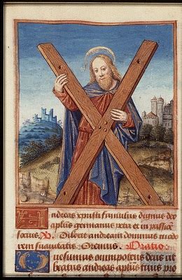 Représentation artistique du martyre de Saint André sur une croix en X.