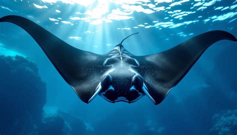 Schéma anatomique de la raie manta océanique, mettant en évidence les nageoires pectorales, les nageoires céphaliques et la bouche.