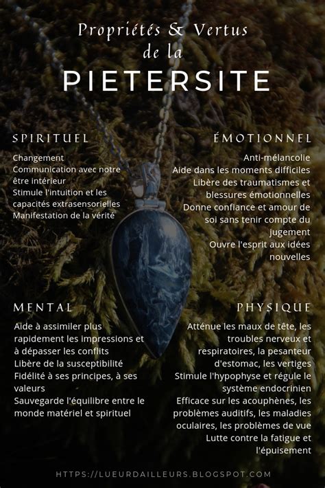 Infographie résumant les principales vertus de la Pietersite sur les plans émotionnel, mental et physique.