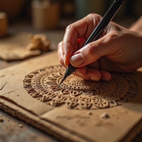 Artisan sculptant un motif complexe sur un bracelet en bois