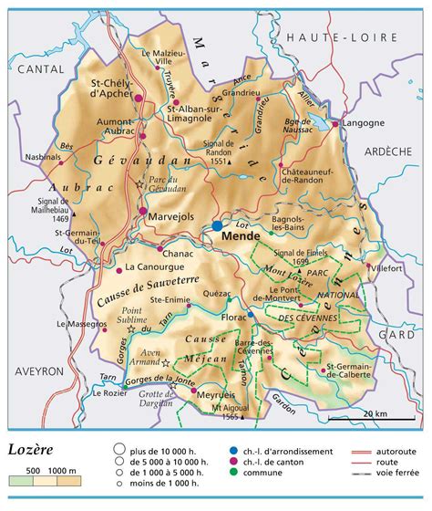 Carte de la Lozère avec ses principaux reliefs et cours d'eau