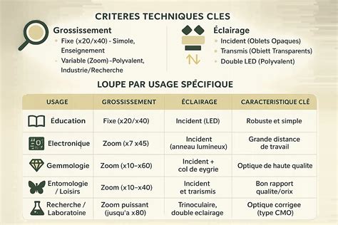 Tableau comparatif des caractéristiques de différentes loupes triplet (grossissement, diamètre, type de lentilles)