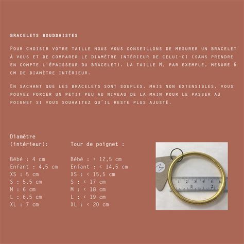 Infographie montrant les différentes tailles de bracelets bouddhistes par rapport aux tours de poignet