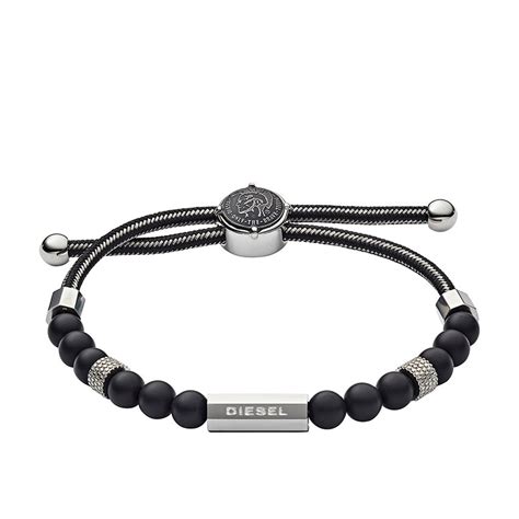 Bracelet homme Diesel avec perles d'agate noire et hématite, et détails en acier inoxydable