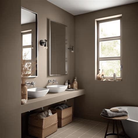 Exemple de salle de bain avec murs taupe et accessoires contrastants