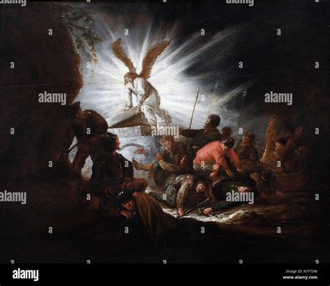 Représentation artistique de l'ange roulant la pierre du tombeau de Jésus