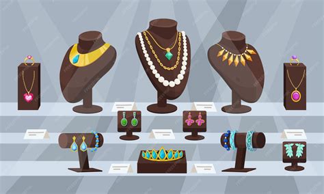 Illustration d'une bijouterie avec une vitrine présentant divers bijoux.