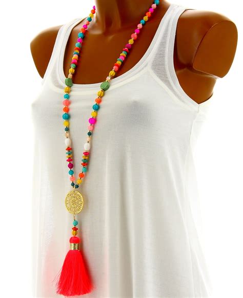 Sautoir bohème ALEX avec perles colorées et pompons