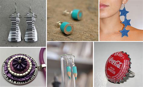 Exemples variés de bijoux fantaisie fabriqués à partir de matériaux recyclés : boutons, capsules, tissus, etc.