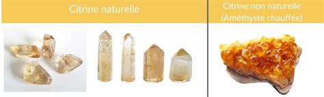 Comparaison visuelle entre une citrine naturelle et une améthyste chauffée.