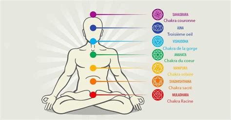 Schéma des 7 chakras majeurs du corps humain avec le cristal de roche.