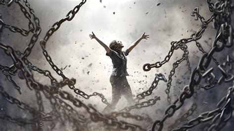 Illustration montrant une personne se libérant de chaînes symbolisant des comportements compulsifs et s'ouvrant à une lumière positive.