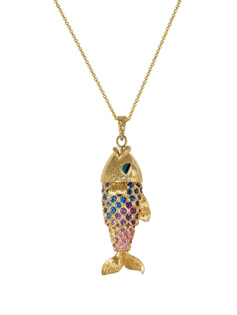 Collier en or jaune serti de pierres précieuses, représentant un poisson articulé par Alexandra Abramczyk