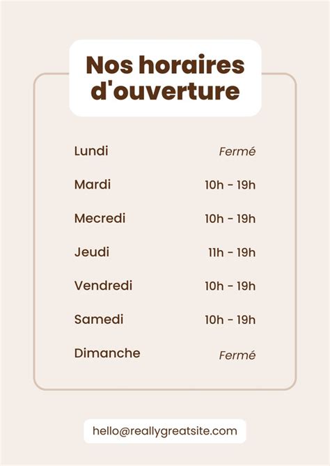 Calendrier avec les jours de la semaine et les horaires d'ouverture d'une bijouterie