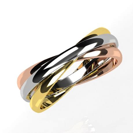 Photographie d'une bague 3 ors entrelacés, montrant l'harmonie des couleurs or jaune, or blanc et or rose.