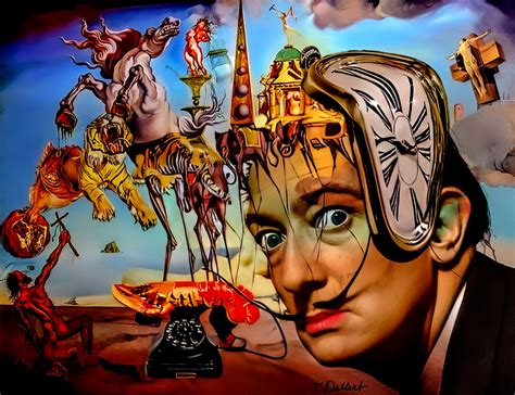 Portrait de Salvador Dalí avec des éléments surréalistes en arrière-plan