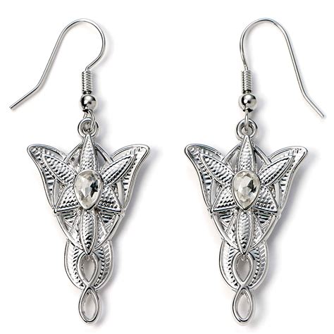 Illustration détaillée des boucles d'oreilles Evenstar avec un cristal central, mettant en avant leur design inspiré du Seigneur des Anneaux.