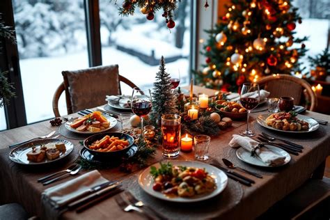 Photographie d'une table de fête russe avec les plats traditionnels du Nouvel An, comme la salade Olivier et le hareng sous un manteau de fourrure.