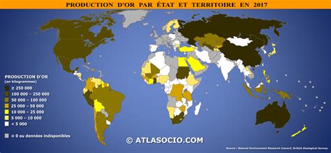 Carte des principaux gisements d'or dans le monde