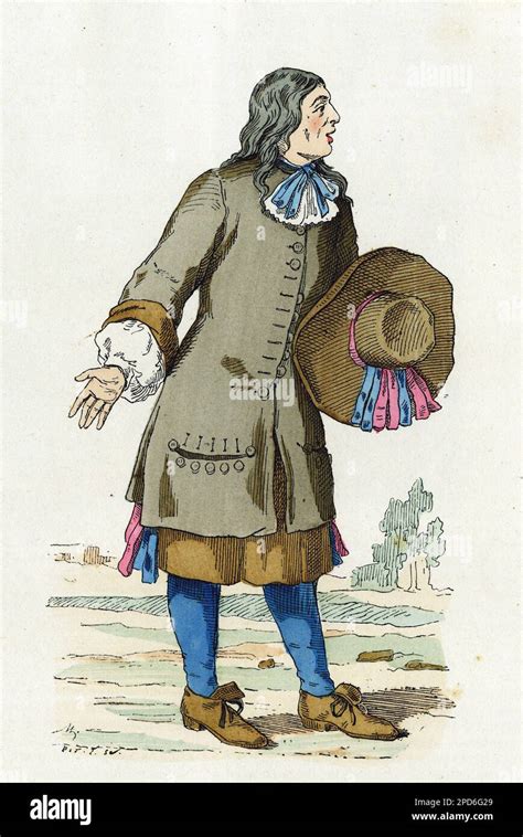 Illustration d'un personnage précieux du XVIIe siècle, vêtu de manière excentrique, en train de discourir avec emphase.