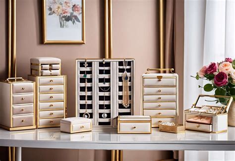 Collage de photos montrant des rangements à bijoux dans différents styles : bois naturel, métal industriel, céramique élégante, acrylique moderne.