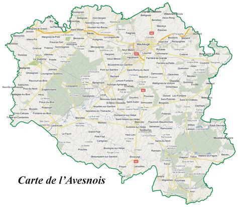 Carte de la région Avesnois avec les principales zones d'extraction de pierre bleue et de marbre.
