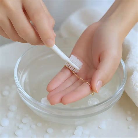 Une brosse douce et une solution savonneuse pour nettoyer un pendentif cœur.