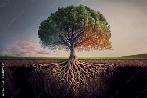 Illustration stylisée de l'Arbre de Vie avec des racines profondes et une couronne expansive touchant le ciel.