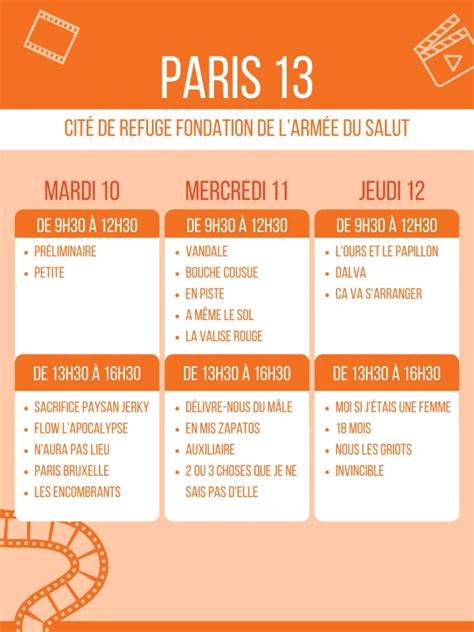 Schéma du programme du festival avec les différentes salles et horaires