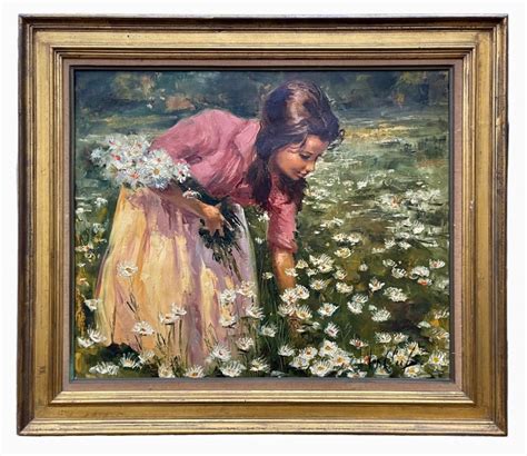Peinture à l'huile de Robert Van Cleef représentant une jeune fille cueillant des marguerites