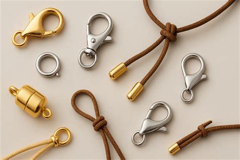 Gros plan sur différents types de fermoirs de bracelets : nœud, chaîne, boucles