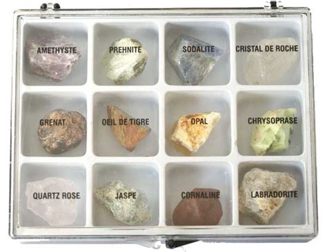 Collection de divers minéraux bruts trouvés en France : améthyste, grenat, quartz.