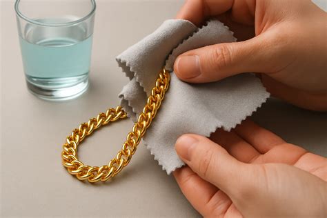 Illustration montrant comment nettoyer une chaîne en or avec un chiffon doux