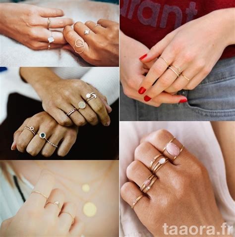 Illustration montrant différentes manières de porter des bagues fines Agatha en accumulation (stacking) sur plusieurs doigts.