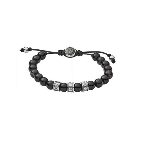 Vue détaillée du bracelet Diesel pour homme, mettant en évidence les perles d'agate noire, l'acier argenté et le logo de la marque.