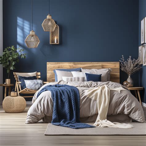 Chambre à coucher décorée dans des tons bleu pétrole et bois clair, avec une tête de lit capitonnée.
