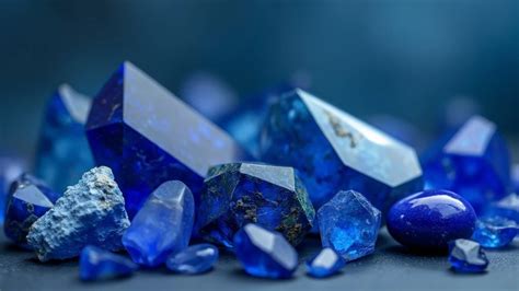 Collection de pierres bleues naturelles, brutes et polies, de différentes tailles et nuances.