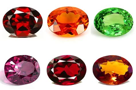 Collage de photos montrant des grenats de différentes couleurs (rouge, vert, orange, jaune, violet)