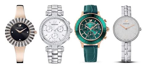 Collage de photos de différentes montres Swarovski pour femme, mettant en avant la variété des couleurs et des matériaux des bracelets (cuir, métal, cristal).