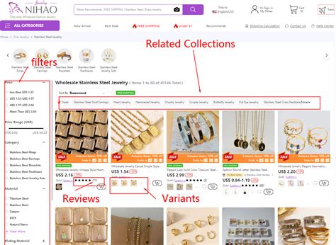 interface du site Nihaojewelry présentant la diversité des produits