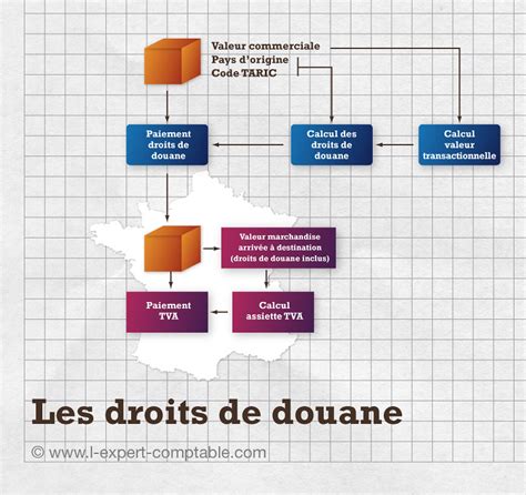 Infographie expliquant les différentes taxes et droits d'importation (droits, TVA, frais de douane)