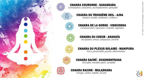 Représentation schématique des sept chakras le long de la colonne vertébrale humaine, avec leurs couleurs et leurs noms.