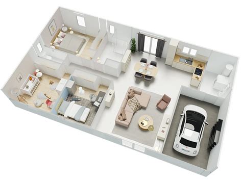 Plan de la maison de vacances Marina Aigues Mortes 75m2 avec indication des chambres, cuisine et salle de bain