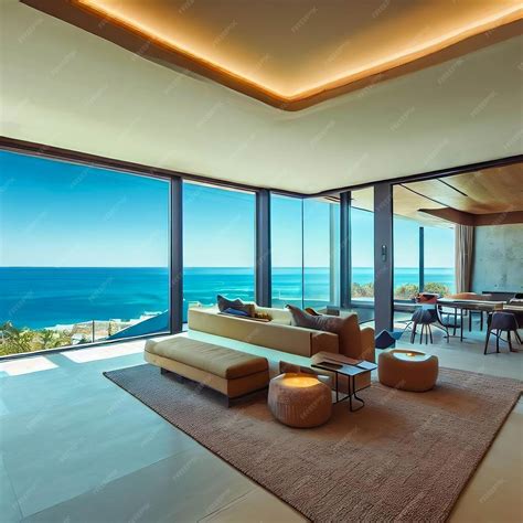 Intérieur lumineux d'une villa à Aigues-Mortes avec vue sur l'eau et mobilier moderne